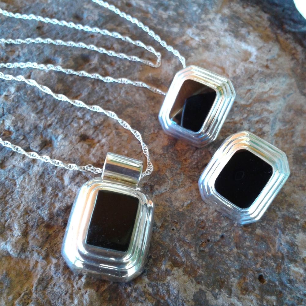 Sterling Silver Onyx GEMSTONE NECKLACE SET